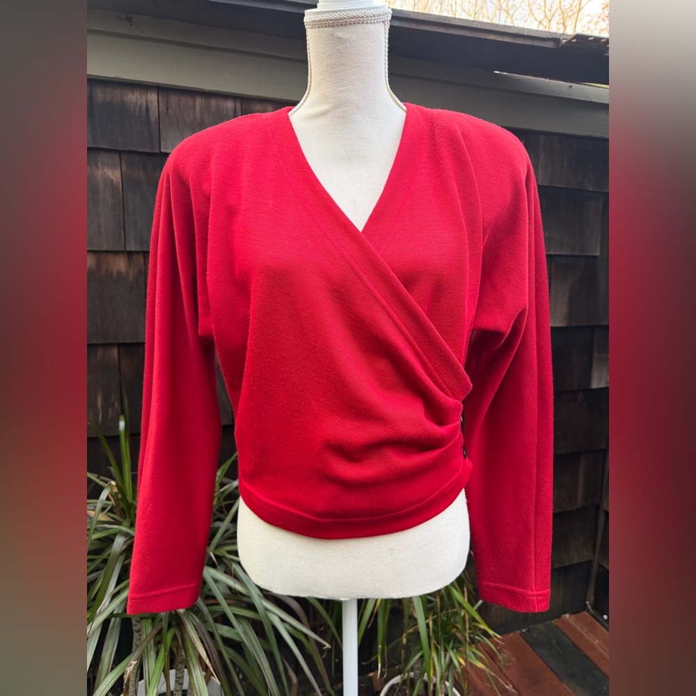 Vintage 80s wrap short top blouse jersey rust red Sz M by Lilli Ann Collections
